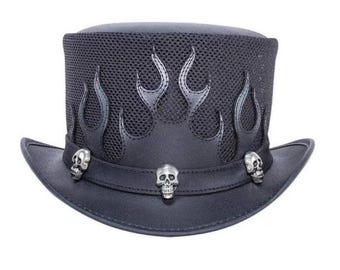 Gothic Steampunk Leather Top Hat: Flames & Skull - Cosplay Festival Hat