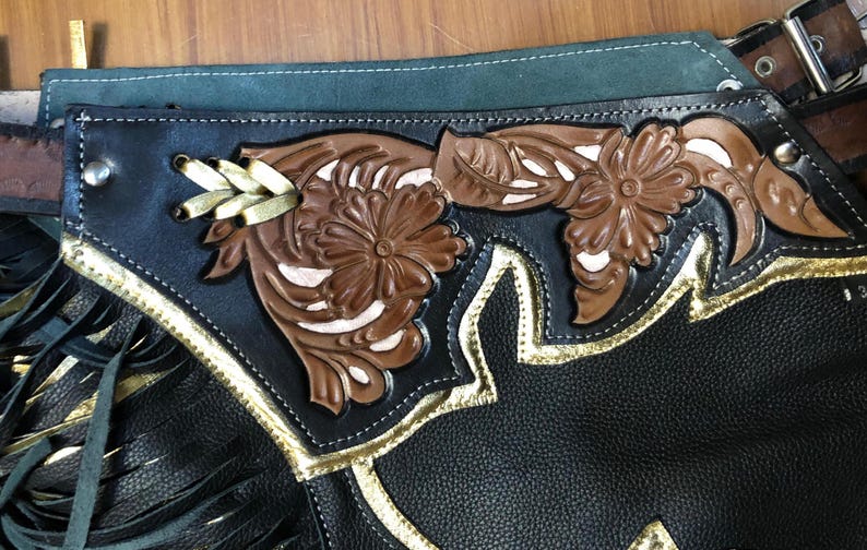 Hand-tooled Leather Rodeo Chaps | Custom Western Chaps | Fringe Bull ...