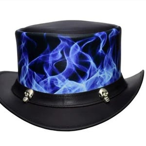 Men’s Steampunk Top Hat – Flames & Skull Accents – Leather Festival Hat for Cosplay, Blue fire hat – Gothic Hat