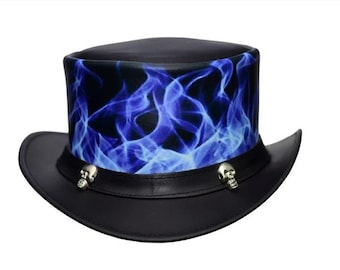 Steampunk Leather Top Hat: Flames & Skull Accents, Gothic Festival Hat