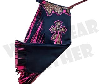 Hand-Tooled Leather Rodeo Chaps | Custom Western Chaps | Fringe Bull Riding Gear.