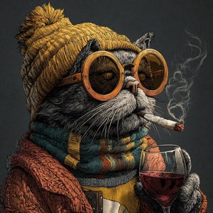May include: Illustration of a cat wearing a yellow knit hat, round orange sunglasses, and a colorful scarf. The cat is smoking a cigarette and holding a glass of red wine. The cat is wearing a red sweater.