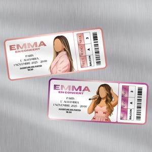 Può includere: Due biglietti per un concerto con il nome "EMMA" in evidenza. I biglietti presentano un design sfumato rosa e viola con illustrazioni di una donna. Il testo include "EN CONCERT", "PARIS" e la data "1 NOVEMBRE 2025".