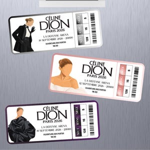 Może przedstawiać: Trzy prostokątne magnesy zaprojektowane jako bilety na koncert Céline Dion Paris 2026 w La Défense Arena. Każdy bilet zawiera inną ilustrację, datę, godzinę oraz informacje o miejscu, w tym sektor 128, rząd 15, miejsce 5.