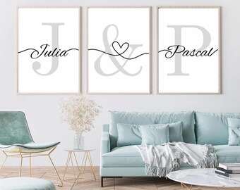 Paar Name Prints, personalisierte Paare Name und Initiale, 3er-Set Drucke, Benutzerdefinierte Drucke, Schlafzimmer Drucke, Paar Initiale
