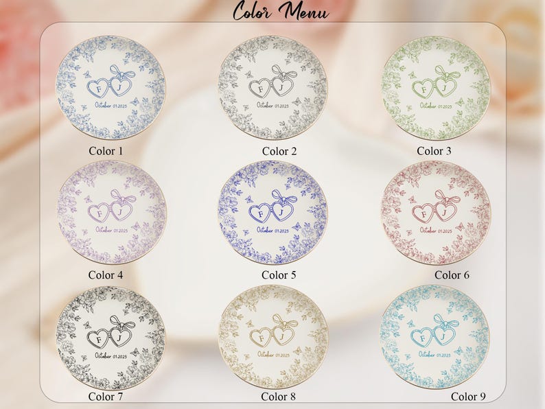 May include: A color menu displays nine decorative plates with floral designs and heart-shaped initials. Each plate features a different color scheme, including blue, green, purple, and pink. The text "Color Menu" is at the top.