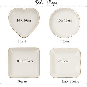 May include: Four white ceramic dishes in different shapes: heart (10 x 10cm), round (10 x 10cm), square (8.5 x 8.5cm), and lace square (9 x 9cm). Each dish has a gold rim and the text "Dish Shape" at the top.