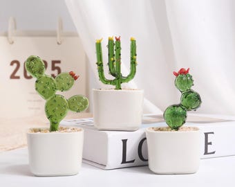 Handmade Fused Glass Succulent in Pot, Stained Glass Cactus Desk Decor, Mini Plant Ornament, Teacher Appreciation Gift, Housewarming Gift