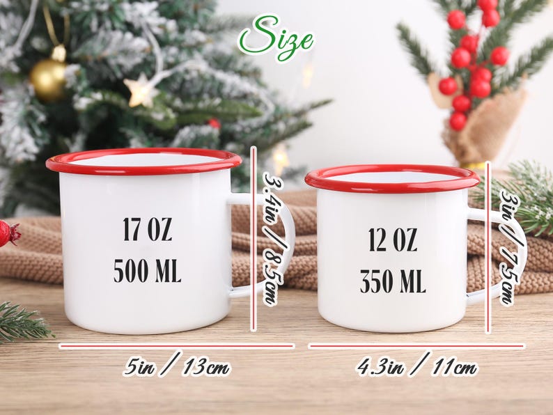 May include: Two white enamel mugs with red rims and handles. The larger mug is 5 inches wide and 3.4 inches tall, holding 17 oz or 500 ml. The smaller mug is 4.3 inches wide and 3 inches tall, holding 12 oz or 350 ml.