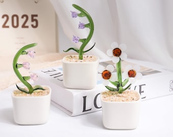 Handmade Fused Glass Succulent in Pot, Stained Glass Cactus Desk Decor, Mini Plant Ornament, Teacher Appreciation Gift, Housewarming Gift