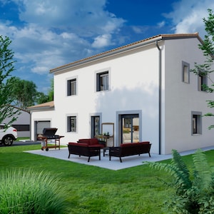 Può includere: Una casa bianca a due piani con tetto di tegole rosse, finestre e un patio. Il patio ha mobili da esterno rosso scuro e un barbecue. Un'auto è parcheggiata nel vialetto e il prato è verde.