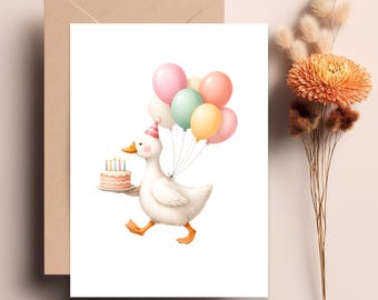 Tarjeta de cumpleaños de pato imprimible, linda tarjeta de pastel con globos de acuarela 5x7