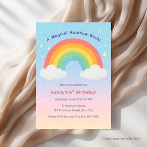 Rainbow Birthday Invitation, Magical Rainbow Bash Invite, Editable Girl Birthday Party Template, Instant Download