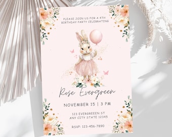 Bunny Birthday Invitation: Pink Floral Watercolor Girl Party (5x7 Canva Printable