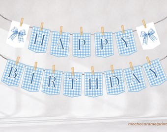 Décoration Anniversaire Bannière « Happy Birthday » Bleu Vichy – Guirlande à Carreaux, Facile à Assembler, Papier Cartonné épais - 8