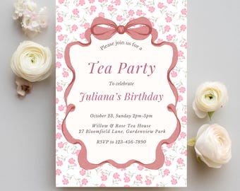 Floral Tea Party Birthday Invitation, Editable Pink Garden Template (Digital Download)