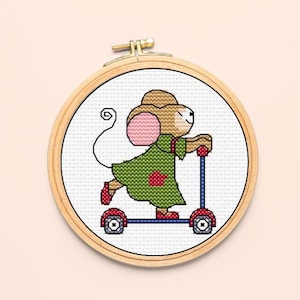 Scooter Mouse Cross Stitch Pattern: Playful Animal Needlework (PDF Downloadable Chart