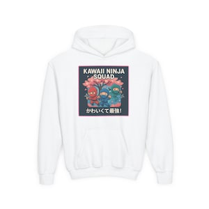 Kawaii Ninja Squad Kids Hoodie – Cute Japanese Ninja Pullover – Chibi Anime Style Sakura Tree Hoodie for Boys and Girls