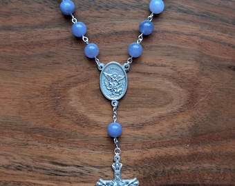 Tanzanite Quartz Auto Rosary | Baby Blue Gemstone Rosary with St. Michael | Guardian Angel Gift