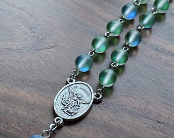 Green Aurora Auto Rosary, Frosted, Holographic Crystal Moonstone Beads, Choose Your Centerpiece