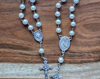 White Satin Czech Glass Pearl Auto Rosary, Choose Your Centerpiece