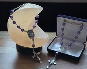 Purple Satin Czech Glass Pearl Auto Rosary, Choose Your Centerpiece
