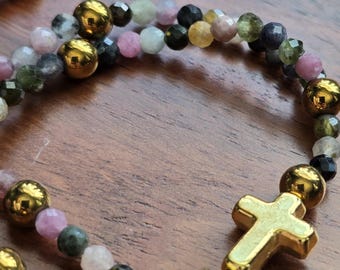 Rainbow Tourmaline and Gold Rosary Bracelet