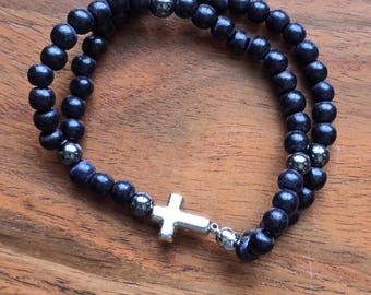 Black Wood and Silver Rosary Bracelet