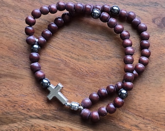 Wood and Silver Rosary Bracelet