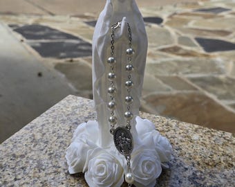 White Satin Glass Pearl Auto Rosary, St. Christopher Car Rosary, Catholic Gift