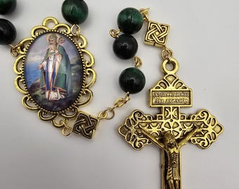 Celtic Rosary: Green Tiger Eye Gemstone, Gold Crucifix - Handmade Irish Catholic