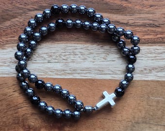 Black Hematite, Onyx Gemstone, Silver Rosary Bracelet