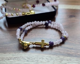 Pink, Purple, Gold Rosary Bracelet: Valentine's Day Jewelry