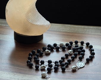 Lava Rock Memento Mori Auto Rosary, Hematite Skull Beads
