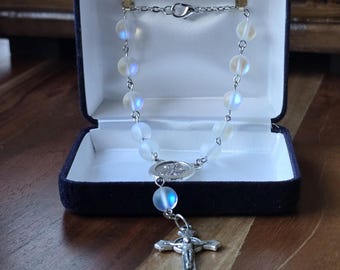 White Aurora Auto Rosary, Frosted, Holographic Crystal Moonstone Beads, Choose Your Centerpiece