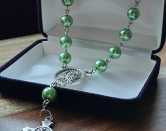Green Satin Czech Glass Pearl Auto Rosary, Choose Your Centerpiece