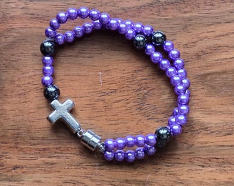 Purple Glass Pearl and Hematite Rosary Bracelet