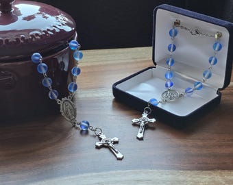 Blue Aurora Auto Rosary, Frosted, Holographic Crystal Moonstone Beads, Choose Your Centerpiece