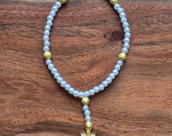 White Glass Pearl and Gold Rosary Bracelet