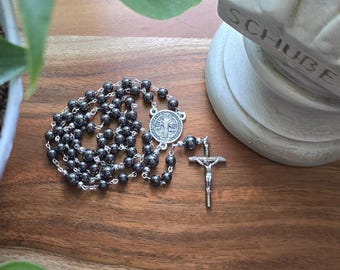 Hematite Gemstone Saint Benadict Rosary, Silver Tone, Italian Crucifix