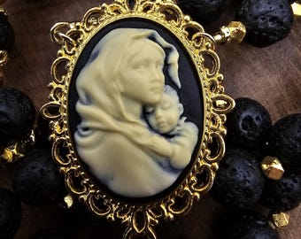 Handmade Black Lava Rock Rosary: Mother Mary Cameo, Gold Crucifix