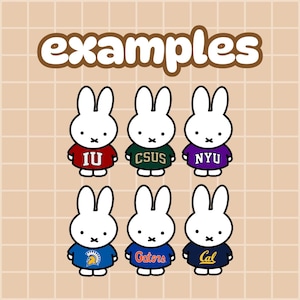 May include: A grid of six white cartoon rabbit characters, each wearing a different colored shirt with university logos including IU, CSUS, NYU, a Spartan helmet, Gators, and Cal. The word examples is written in large brown letters at the top.