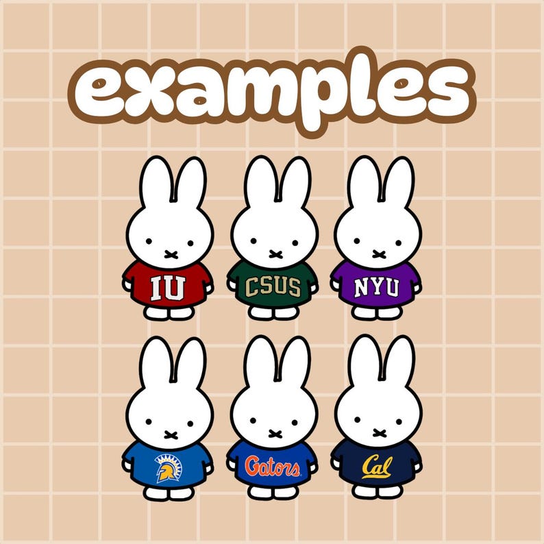May include: A grid of six white cartoon rabbit characters, each wearing a different colored shirt with university logos including IU, CSUS, NYU, a Spartan helmet, Gators, and Cal. The word examples is written in large brown letters at the top.