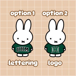 May include: Two white cartoon rabbit characters with black outlines. Option 1 features a rabbit in a dark green shirt with white UHM lettering. Option 2 features a rabbit in a dark green shirt with a white and green H logo. Both have black eyes and mouths.