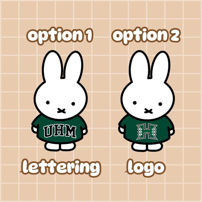 May include: Two white cartoon rabbit characters with black outlines. Option 1 features a rabbit in a dark green shirt with white UHM lettering. Option 2 features a rabbit in a dark green shirt with a white and green H logo. Both have black eyes and mouths.