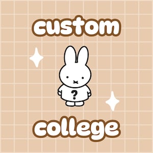 May include: A graphic illustration featuring a white rabbit character with a black question mark on its chest, centered between the brown text custom and college. The background is a light tan grid pattern with two white four-pointed star icons.