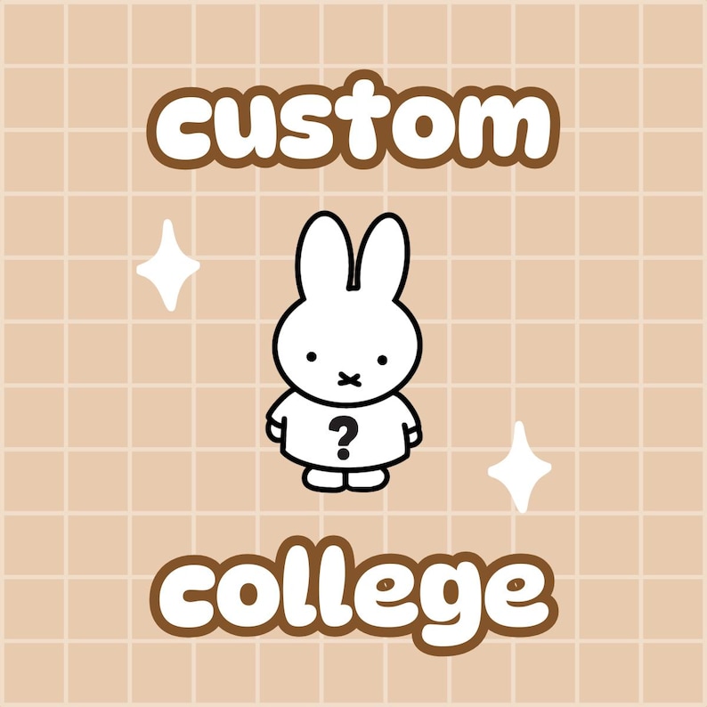 May include: A graphic illustration featuring a white rabbit character with a black question mark on its chest, centered between the brown text custom and college. The background is a light tan grid pattern with two white four-pointed star icons.