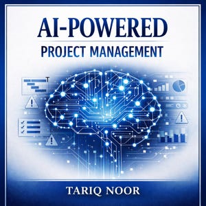 May include: A book cover with the title "AI-POWERED PROJECT MANAGEMENT" in white and blue text. The cover features a stylized brain graphic with a circuit board design in blue and white. The author's name, Tariq Noor, is at the bottom.