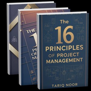 May include: Three hardcover books with navy blue covers. The book in front has the title "The 16 Principles of Project Management" in gold lettering. The author's name, Tariq Noor, is at the bottom.