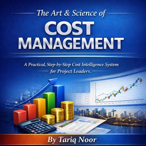 May include: A book cover titled "The Art & Science of Cost Management" with text and graphics. The cover features a blue background, bar graphs, stacks of coins, a calculator, and a line graph. The author's name, Tariq Noor, is at the bottom.